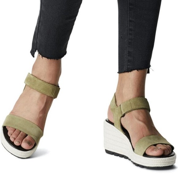 Sorel Shoes - Sorel Cameron Wedge Sandals Suede Platforms Olive Shade Sea Salt Size 10 NEW